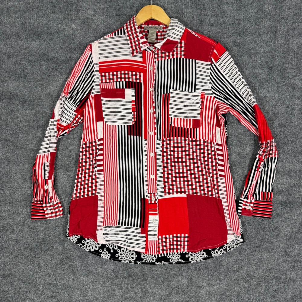 Sharon Young Patchwork Geometric Embroidered Tunic Women Size M Red Black EUC